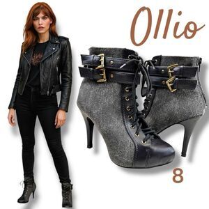 Ollio Women's Lace Up Military Buckle Stiletto Heel Ankle Boot Black Gray Size 8